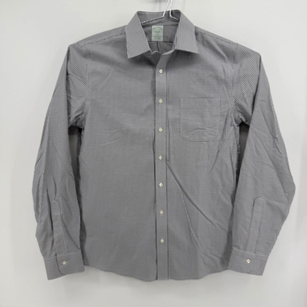 Brooks Brothers Dress Shirt Mens 15.5-36 (M) Slim Non-Iron Cotton Gray Gingham